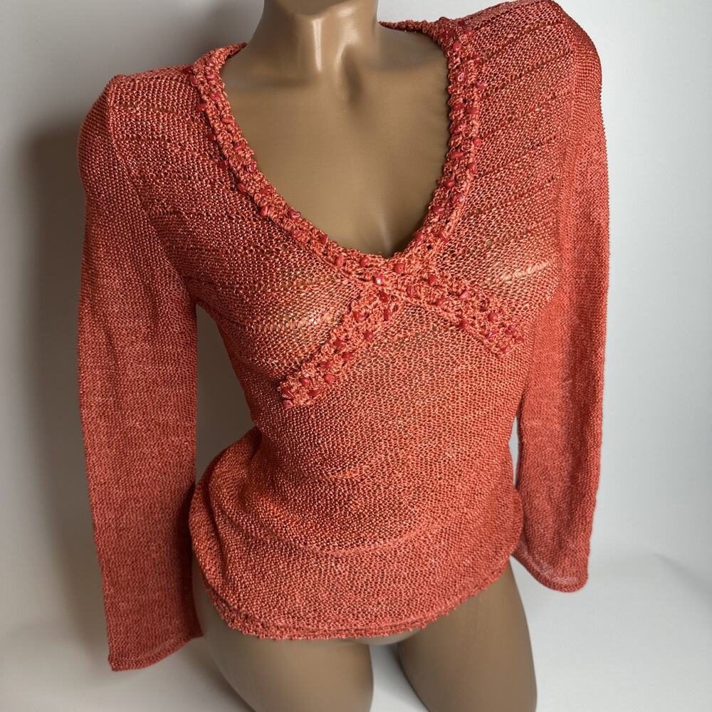 Vintage Coral Sheer Open Knit Top Beaded Boho Fairycore Crochet Sweater S Y2K